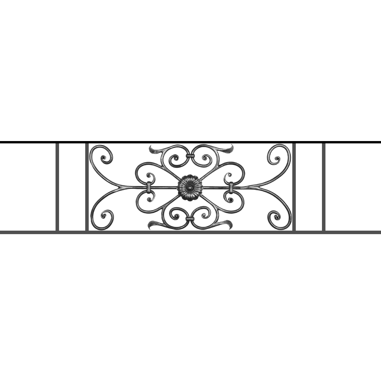 Appui de fenêtre type AF009 à sceller dans votre tableau de fenêtre. Longueur finie de 1310mm et Hauteur finie de 320mm. Convient pour les tableaux de fenêtre de 1210mm. 50mm de scellement sont prévue de chaque côté. Main courante laminée de 1210mm de long en fer forgé sur le dessus. Motif au centre de 700mm de long par 300mm de haut. Le reste de la structure est en acier carré plein de 12mm de section.