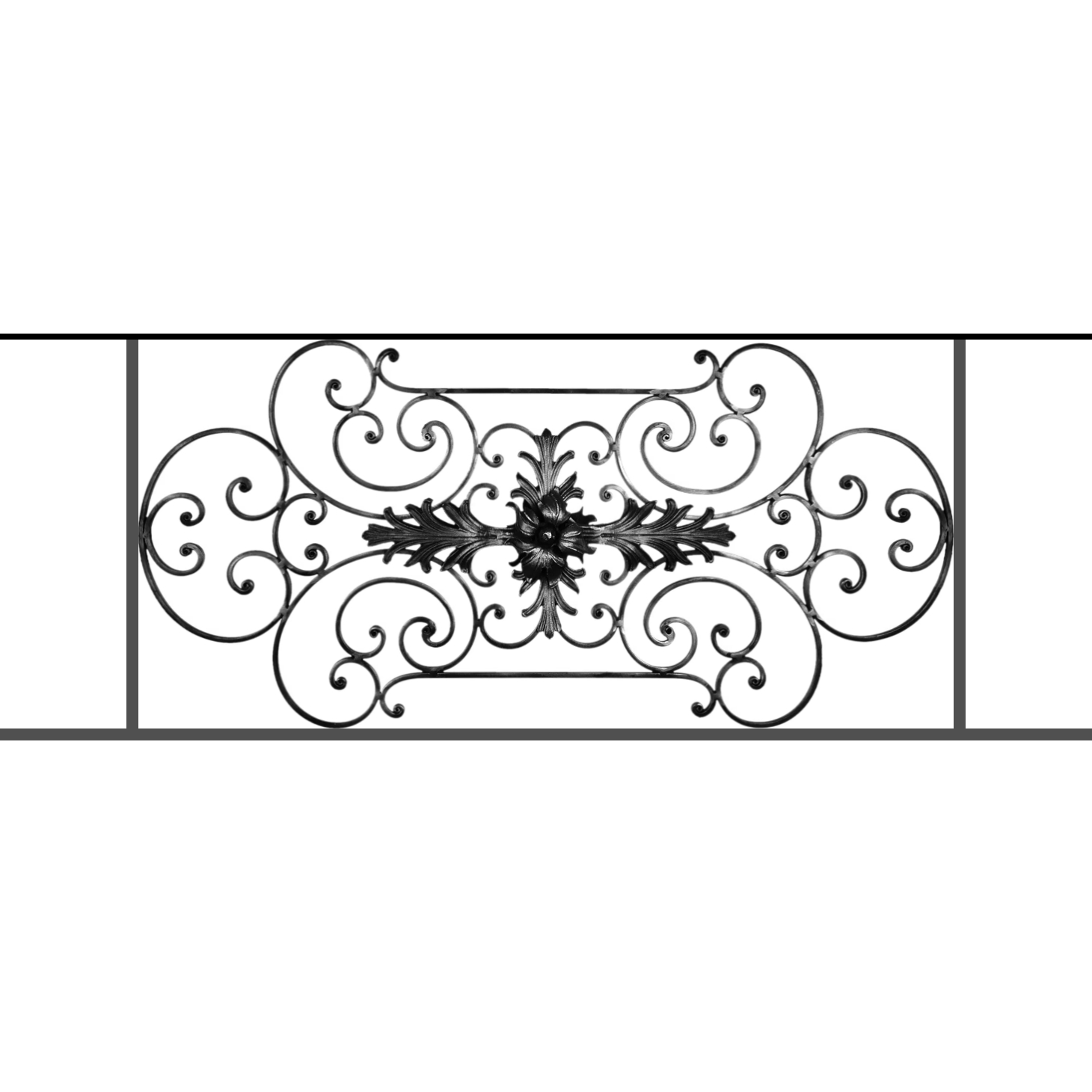 Appui de fenêtre type AF012 à sceller dans votre tableau de fenêtre. Longueur finie de 1460mm et Hauteur finie de 544mm. Convient pour les tableaux de fenêtre de 1360mm. 50mm de scellement sont prévue de chaque côté. Main courante laminée de 1360mm de long en fer forgé sur le dessus. Motif au centre de 1090mm de long par 520mm de haut. Le reste de la structure est en acier carré plein de 16mm de section.