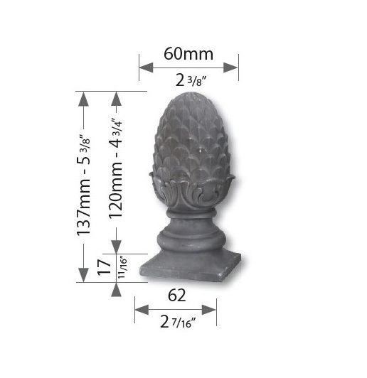 Pomme de pin de la gamme prestige, sur socle, en fer forgé. Hauteur totale 137mm Hauteur sans socle 120mm largeur Ø60mm largeur du socle carré de 62x62mm, convient à tube carré de largeur 60mm. Fixation par soudure. Objet décoratif qui rendra unique votre fabrication. Livré brut, à peindre ou à vernir, avec un produit adapté pour protéger contre la corrosion.