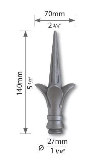 Pointe de lance de la gamme prestige, en fer forgé acier moulé. Hauteur 140mm largeur 70mm avec base ronde pleine de diamètre 27mm. Elément décoratif idéal pour votre portail ou clôture, par exemple. Fixation par soudure. Fournie brut, à peindre ou à vernir avec un produit adapté qui protège contre la corrosion.