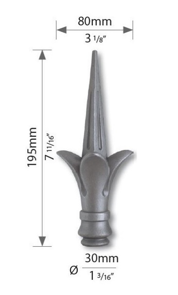 Pointe de lance de la gamme prestige, en fer forgé acier moulé. Hauteur 195mm largeur 80mm avec base ronde pleine de diamètre 30mm. Elément décoratif idéal pour votre portail ou clôture, par exemple. Fixation par soudure. Fournie brut, à peindre ou à vernir avec un produit adapté qui protège contre la corrosion.