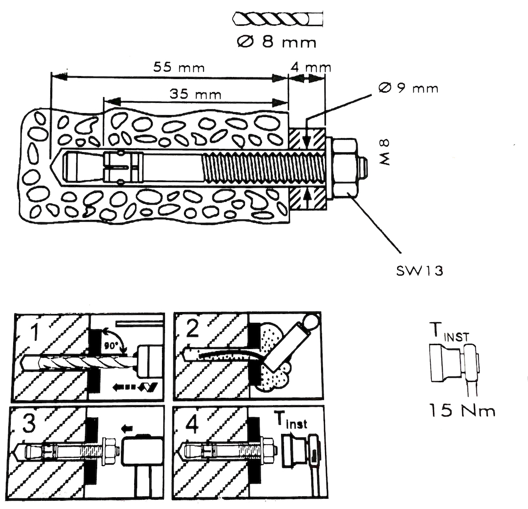 Goujon d'ancrage en acier inoxydable 316 (ou A4). Pour fixation dans le béton. M8 et 60mm de longueur. Idéal pour la pose au sol de nos poteaux en Inox.