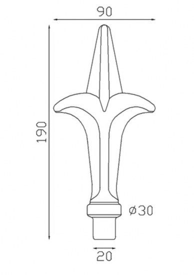 Pointe de lance style fleur de lys en fer forgé. Hauteur 190mm largeur 90mm avec une base en tige d'un diamètre de 20mm qui permet d'être insérée dans un tube creux. Elément décoratif idéal pour votre portail ou clôture, par exemple. Fixation par soudure. Fournie brut, à peindre ou à vernir avec un produit adapté qui protège contre la corrosion, produit galvanisable.