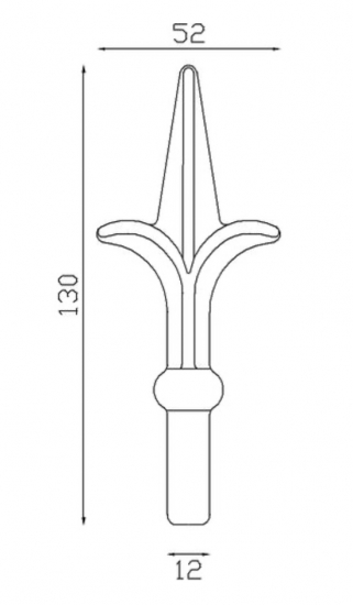 Pointe de lance style fleur de lys avec embase boule, en fer forgé. Hauteur 130mm largeur 52mm avec une base en tige d'un diamètre de 12mm qui permet d'être insérée dans un tube creux. Elément décoratif idéal pour votre portail ou clôture, par exemple. Fixation par soudure. Fournie brut, à peindre ou à vernir avec un produit adapté qui protège contre la corrosion, produit galvanisable.