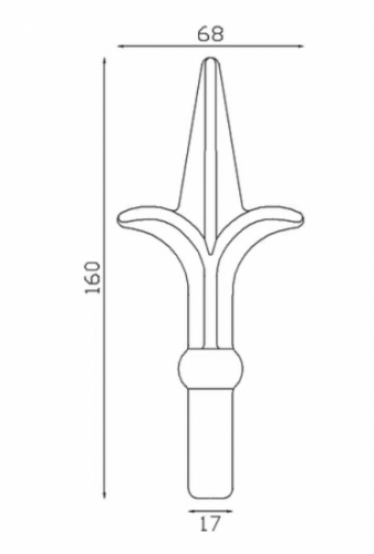 Pointe de lance style fleur de lys, embase en boule, en fer forgé. Hauteur 160mm largeur 68mm avec une base en tige d'un diamètre de 17mm qui permet d'être insérée dans un tube creux. Elément décoratif idéal pour votre portail ou clôture, par exemple. Fixation par soudure. Fournie brut, à peindre ou à vernir avec un produit adapté qui protège contre la corrosion, produit galvanisable.