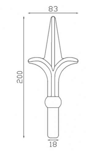 Pointe de lance style fleur de lys en fer forgé. Hauteur 200mm largeur 83mm avec une base en tige d'un diamètre de 18mm qui permet d'être insérée dans un tube creux. Elément décoratif idéal pour votre portail ou clôture, par exemple. Fixation par soudure. Fournie brut, à peindre ou à vernir avec un produit adapté qui protège contre la corrosion, produit galvanisable.