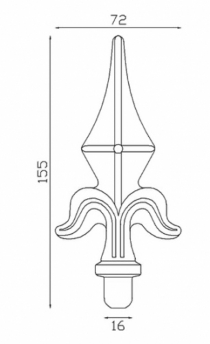 Pointe de lance style fleur de lys en fer forgé. Hauteur 155mm largeur 72mm avec une base en tige d'un diamètre de 16mm qui permet d'être insérée dans un tube creux. Elément décoratif idéal pour votre portail ou clôture, par exemple. Fixation par soudure. Fournie brut, à peindre ou à vernir avec un produit adapté qui protège contre la corrosion, produit galvanisable.