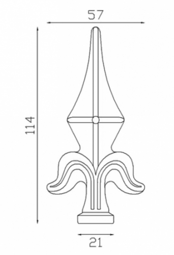 Pointe de lance style fleur de lys en fer forgé. Hauteur 114mm largeur 57mm avec base pleine d'un diamètre de 21mm, compatible avec tube de diamètre inférieur. Elément décoratif idéal pour votre portail ou clôture, par exemple. Fixation par soudure. Fournie brut, à peindre ou à vernir avec un produit adapté qui protège contre la corrosion, produit galvanisable.