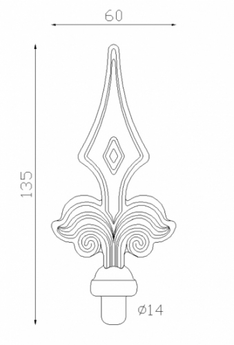 Pointe de lance en fer forgé. Hauteur 135mm largeur 60mm avec une base en tige d'un diamètre de 14mm qui permet d'être insérée dans un tube creux. Elément décoratif idéal pour votre portail ou clôture, par exemple. Fixation par soudure. Fournie brut, à peindre ou à vernir avec un produit adapté qui protège contre la corrosion, produit galvanisable.