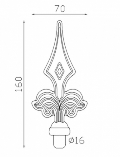 Pointe de lance en fer forgé. Hauteur 160mm largeur 70mm avec une base en tige d'un diamètre de 16mm qui permet d'être insérée dans un tube creux. Elément décoratif idéal pour votre portail ou clôture, par exemple. Fixation par soudure. Fournie brut, à peindre ou à vernir avec un produit adapté qui protège contre la corrosion, produit galvanisable.