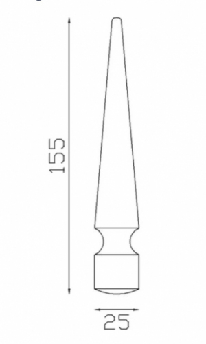 Pointe de lance pyramide en fer forgé. Hauteur 155mm largeur 25mm avec base carrée de largeur 25mm, compatible avec tube carré de diamètre inférieur. Elément décoratif idéal pour votre portail ou clôture, par exemple. Fixation par soudure. Fournie brut, à peindre ou à vernir avec un produit adapté qui protège contre la corrosion, produit galvanisable.