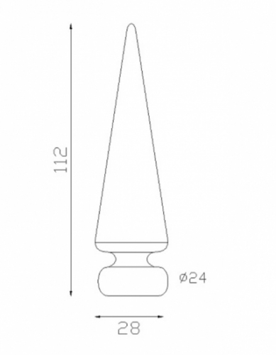 Pointe de lance en cône en fer forgé. Hauteur 112mm largeur 28mm avec base ronde de diamètre 24mm, compatible avec tube rond de diamètre inférieur. Elément décoratif idéal pour votre portail ou clôture, par exemple. Fixation par soudure. Fournie brut, à peindre ou à vernir avec un produit adapté qui protège contre la corrosion, produit galvanisable.