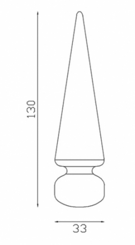 Pointe de lance en forme de cône, en fer forgé. Hauteur 130mm avec une base ronde pleine de diamètre 33mm, compatible avec tube de diamètre inférieur. Elément décoratif idéal pour votre portail ou clôture, par exemple. Fixation par soudure. Fournie brut, à peindre ou à vernir avec un produit adapté qui protège contre la corrosion, produit galvanisable.