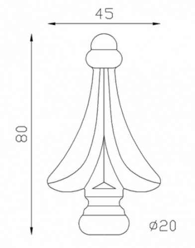 Pointe de lance, en fer forgé. Hauteur 80mm largeur 45mm avec une base ronde pleine de diamètre 20mm, compatible avec tube de diamètre égal ou inférieur. Elément décoratif idéal pour votre portail ou clôture, par exemple. Fixation par soudure. Fournie brut, à peindre ou à vernir avec un produit adapté qui protège contre la corrosion, produit galvanisable.