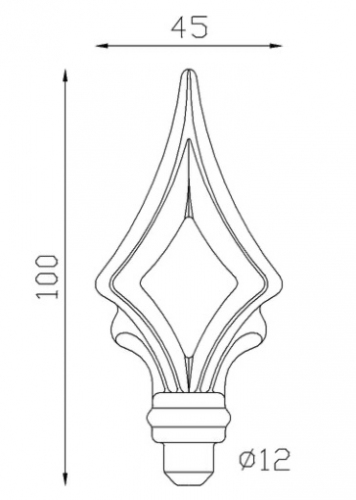 Pointe de lance ajourée en fer forgé. Hauteur 100mm largeur 45mm avec une base en tige d'un diamètre de 12mm qui permet d'être insérée dans un tube creux. Elément décoratif idéal pour votre portail ou clôture, par exemple. Fixation par soudure. Fournie brut, à peindre ou à vernir avec un produit adapté qui protège contre la corrosion, produit galvanisable.