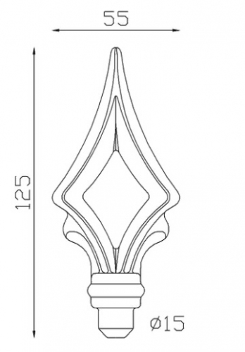 Pointe de lance ajourée en fer forgé. Hauteur 125mm largeur 55mm avec une base en tige d'un diamètre de 15mm qui permet d'être insérée dans un tube creux. Elément décoratif idéal pour votre portail ou clôture, par exemple. Fixation par soudure. Fournie brut, à peindre ou à vernir avec un produit adapté qui protège contre la corrosion, produit galvanisable.