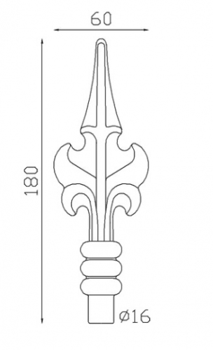 Pointe de lance style fleur de lys en fer forgé. Hauteur 180mm largeur 60mm avec une base en tige d'un diamètre de 16mm qui permet d'être insérée dans un tube creux. Elément décoratif idéal pour votre portail ou clôture, par exemple. Fixation par soudure. Fournie brut, à peindre ou à vernir avec un produit adapté qui protège contre la corrosion, produit galvanisable.