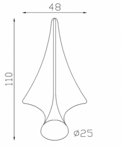 Pointe de lance en fer forgé. Hauteur 110mm largeur 48mm avec base pleine d'un diamètre de 25mm, compatible avec tube de diamètre inférieur ou égal. Elément décoratif idéal pour votre portail ou clôture, par exemple. Fixation par soudure. Fournie brut, à peindre ou à vernir avec un produit adapté qui protège contre la corrosion, produit galvanisable.