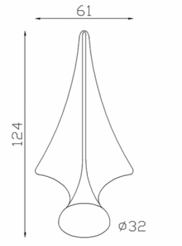 Pointe de lance en fer forgé. Hauteur 124mm largeur 61mm avec base pleine d'un diamètre de 32mm, compatible avec tube de diamètre inférieur ou égal. Elément décoratif idéal pour votre portail ou clôture, par exemple. Fixation par soudure. Fournie brut, à peindre ou à vernir avec un produit adapté qui protège contre la corrosion, produit galvanisable.