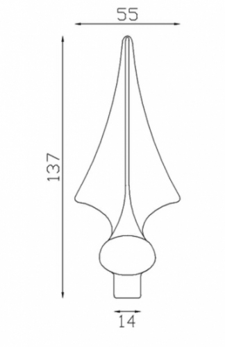 Pointe de lance avec base en sphère, en fer forgé. Hauteur 137mm largeur 55mm avec une base en tige carré de largeur 14mm qui permet d'être insérée dans un tube creux. Elément décoratif idéal pour votre portail ou clôture, par exemple. Fixation par soudure. Fournie brut, à peindre ou à vernir avec un produit adapté qui protège contre la corrosion, produit galvanisable.