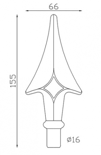 Pointe de lance en fer forgé. Hauteur 155mm largeur 66mm avec une base en tige ronde de  Ø16mm qui permet d'être insérée dans un tube creux. Elément décoratif idéal pour votre portail ou clôture, par exemple. Fixation par soudure. Fournie brut, à peindre ou à vernir avec un produit adapté qui protège contre la corrosion, produit galvanisable.