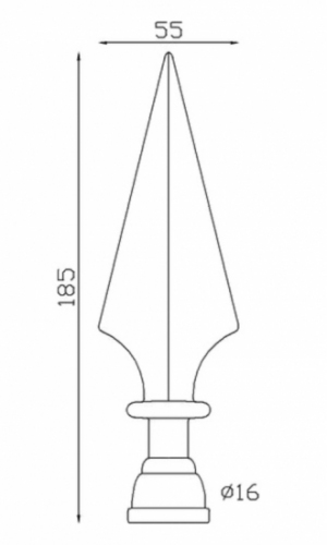 Pointe de lance style flèche, en fonte. Hauteur 185mm largeur 55mm avec une base ronde creuse avec alésage de diamètre 16mm. Elément décoratif idéal pour votre portail ou clôture, par exemple. Fixation par collage, le barreau s'insère à l'intérieur. Fournie brut, à peindre ou à vernir avec un produit adapté qui protège contre la corrosion, produit galvanisable.