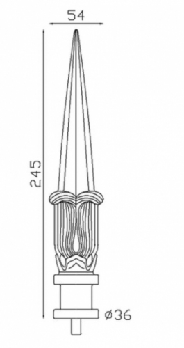 Pointe de lance style médiéval, en fonte. Hauteur 245mm largeur 54mm avec une base ronde pleine de diamètre 32mm. Elément décoratif idéal pour renforcer la sécurité et l'esthétisme de votre portail ou clôture, par exemple. Fixation par soudure sur la tige. Fournie brut, à peindre ou à vernir avec un produit adapté qui protège contre la corrosion.