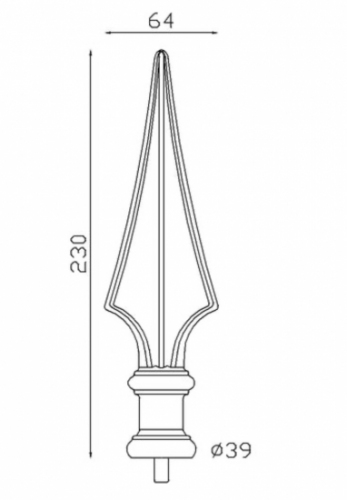 Pointe de lance style médiéval, en fonte. Hauteur 230mm largeur 64mm avec une base ronde pleine de diamètre 39mm. Elément décoratif idéal pour renforcer la sécurité et l'esthétisme de votre portail ou clôture, par exemple. Fixation par soudure sur la tige. Fournie brut, à peindre ou à vernir avec un produit adapté qui protège contre la corrosion.