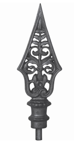 Pointe de lance style médiéval, en fonte. Hauteur 210mm largeur 75mm avec une base ronde pleine de diamètre 25mm. Elément décoratif idéal pour renforcer la sécurité et l'esthétisme de votre portail ou clôture, par exemple. Fixation par soudure sur la tige. Fournie brut, à peindre ou à vernir avec un produit adapté qui protège contre la corrosion.