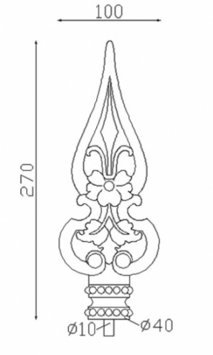 Pointe de lance style médiéval, en fonte. Hauteur 270mm largeur 100mm avec une base ronde pleine de diamètre 40mm. Elément décoratif idéal pour renforcer la sécurité et l'esthétisme de votre portail ou clôture, par exemple. Fixation par soudure sur la tige. Fournie brut, à peindre ou à vernir avec un produit adapté qui protège contre la corrosion.