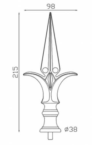 Pointe de lance style médiéval, en fonte. Hauteur 215mm largeur 98mm avec une base ronde pleine de diamètre 38mm. Elément décoratif idéal pour renforcer la sécurité et l'esthétisme de votre portail ou clôture, par exemple. Fixation par soudure sur la tige. Fournie brut, à peindre ou à vernir avec un produit adapté qui protège contre la corrosion.