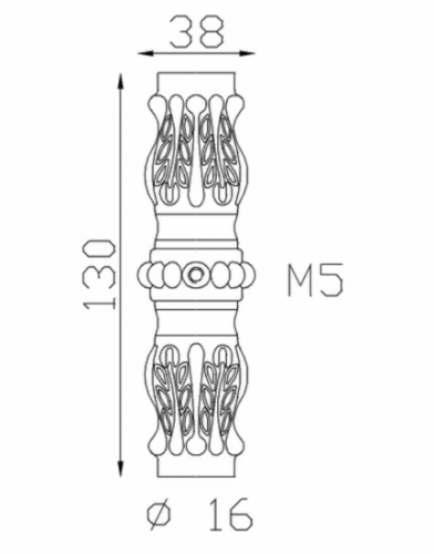 Garniture de barreaux. Compatible avec des barreaux de diamètre 16mm. Hauteur 130mm largeur 38mm. Cette bague aux motifs travaillés ornera vos barreaux de grilles de défense, portails, escaliers par exemple. Fixation par facile par vis taraudage M5 (vis fournie). Fourni brut, à peindre ou à vernir avec un produit adapté pour la protection contre la corrosion.