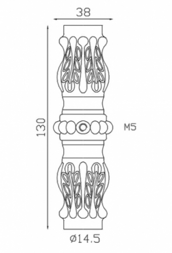 Garniture de barreaux en fonte. Compatible avec des barreaux de diamètre 14mm, grâce à son alésage de ø14,5mm. Hauteur 130mm largeur 38mm. Cette bague aux motifs travaillés ornera vos barreaux de grilles de défense, portails, escaliers par exemple. Fixation facile, à visser (livrée avec sa vis). Fourni brut, à peindre ou à vernir avec un produit adapté pour la protection contre la corrosion. Produit galvanisable.