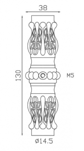 Garniture de barreaux en fer forgé. Compatible avec des barreaux de diamètre 14mm, grâce à son taraudage de ø14,5mm. Hauteur 130mm largeur 38mm. Cette bague aux détails travaillés ornera vos barreaux de grilles de défense, portails, escaliers par exemple. Fixation facile, à visser par vis avec taraudage M5. Fourni brut, à peindre ou à vernir avec un produit adapté pour la protection contre la corrosion.