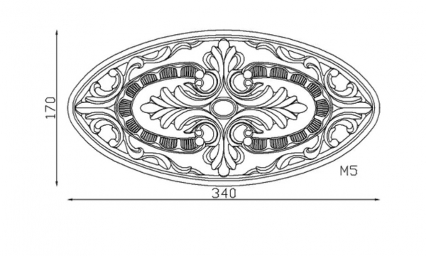 Palmette en fonte en forme d'ovale avec motif de feuilles. Hauteur 170mm Longueur 340mm. Utilisation pour ornement de votre portail ou portillon, par exemple, souvent en association avec des rosaces. Fixation par vissage avec deux vis en M5, soit  Ø4,2mm. Fournie brute, à peindre ou à vernir. La fonte est reconnue pour sa solidité et sa durabilité.