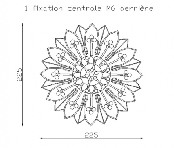 Rosace en fonte motif fleur de tournesol (soleil). Diamètre de 225mm. Utilisation pour ornement de votre portail ou portillon, par exemple, souvent en association avec une palmette. Fixation par vissage avec vis en M5, soit  Ø4,2mm, grâce à son taraudage M6. Fournie brute, à peindre ou à vernir. La fonte est reconnue pour sa solidité, sa durabilité et sa résistance à la corrosion.