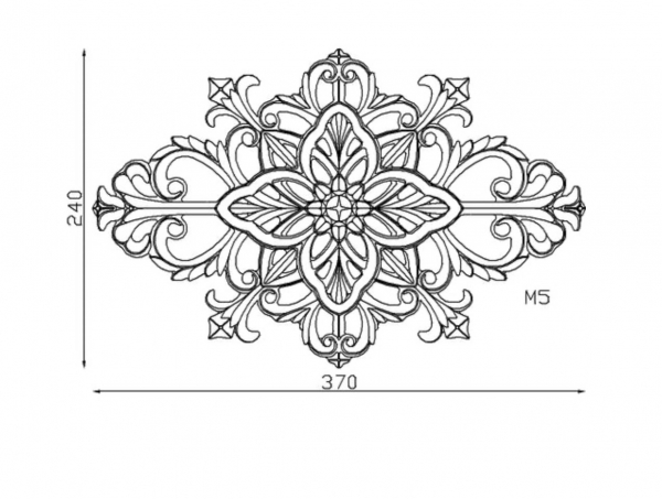 Palmette en fonte zinguée avec motif floral. Hauteur 240mm Longueur 370mm. Utilisation pour ornement de votre portail ou portillon, par exemple. Fixation par vissage avec deux vis en M5, soit  Ø4,2mm. Fournie brute, à peindre ou à vernir. La fonte est reconnue pour sa solidité et sa durabilité. Le processus de zingage augmente la résistance à la corrosion.