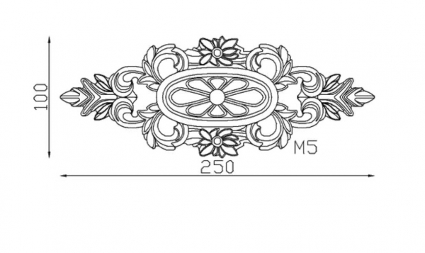 Palmette en fonte avec fleur centrale. Hauteur 100mm Longueur 250mm. Utilisation pour ornement de votre portail ou portillon, par exemple, souvent en association avec des rosaces ou moulures. Fixation par vissage avec deux vis en M5, soit  Ø4,2mm (vis non fournies). Fournie brut, à peindre ou à vernir avec un produits adapté qui permettra la protection contre la corrosion. La fonte est reconnue pour sa solidité et sa durabilité.