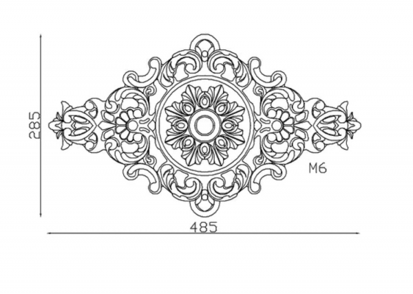 Palmette en fonte zinguée avec détails de feuilles. Hauteur 285mm Longueur 485mm. Utilisation pour ornement de votre portail ou portillon, par exemple, souvent en association avec des rosaces. Fixation par vissage avec deux vis en M6, soit  Ø5mm (non fournies). Fournie brut, à peindre ou à vernir avec des produits adaptés. La fonte zinguée est reconnue pour sa solidité, sa durabilité et sa résistance à la corrosion.