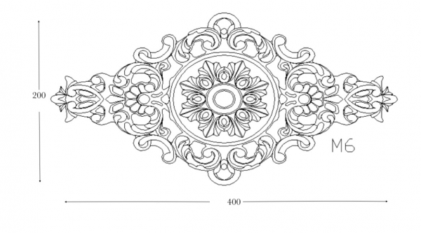 Palmette en fonte avec détails floral. Hauteur 200mm Longueur 400mm. Utilisation pour ornement de votre portail ou portillon, par exemple, souvent en association avec des rosaces. Fixation par vissage avec deux vis en M6, soit  Ø5mm (vis non fournies). Fournie brut, à peindre ou à vernir avec des produits adaptés. La fonte est reconnue pour sa solidité et sa durabilité.