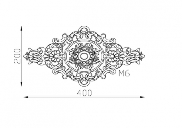 Palmette en fonte zinguée avec détails de feuilles. Hauteur 200mm Longueur 400mm. Utilisation pour ornement de votre portail ou portillon, par exemple, souvent en association avec des rosaces. Fixation par vissage avec deux vis en M6, soit  Ø5mm, non fournies. Fournie brut, à peindre ou à vernir avec des produits adaptés. La fonte zinguée est reconnue pour sa solidité, sa durabilité et sa résistance à la corrosion.