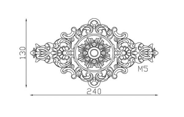 Palmette en fonte avec détails floral. Hauteur 130mm Longueur 240mm. Utilisation pour ornement de votre portail ou portillon, par exemple, souvent en association avec des rosaces. Fixation par vissage avec deux vis en M6, soit  Ø5mm (vis non fournies). Fournie brut, à peindre ou à vernir avec des produits adaptés qui permettront de protéger de la corrosion.. La fonte est reconnue pour sa solidité et sa durabilité.