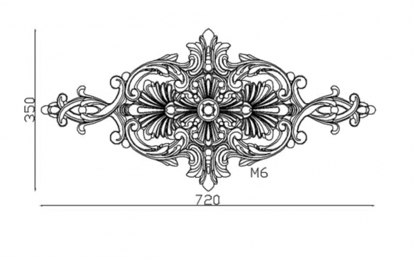 Grande palmette en fonte avec détails floral. Hauteur 350mm Longueur 720mm. Utilisation pour ornement de votre portail ou portillon, par exemple, souvent associé avec le décor d'angle référence 30941. Fixation par vissage avec deux vis en M6, soit  Ø5mm (vis non fournies). Fournie brut, à peindre ou à vernir avec des produits adaptés qui permettront de protéger contre la corrosion. La fonte est reconnue pour sa solidité et sa durabilité.