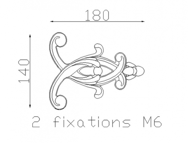 Décor d'angle en fonte. Hauteur 140mm Longueur 180mm. Utilisation pour ornement de votre portail ou portillon, par exemple souvent associé avec une grande palmette référence 3094. Fixation par vissage avec deux vis en M6, soit  Ø5mm (vis non fournies). Fourni brut, à peindre ou à vernir avec des produits adaptés qui permettront la protection contre la corrosion. La fonte est reconnue pour sa solidité et sa durabilité.