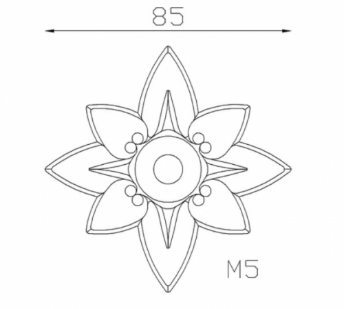 Rosace en fonte avec détails pétales en forme d'étoile. Diamètre de 84mm. Utilisation pour ornement de votre portail ou portillon, souvent en association avec des palmettes.Se marie également avec le bois, en décoration de porte d'entrée. Fixation par vissage avec vis en M5, soit  Ø4,2mm, grâce à son taraudage M6. Fournie brut, à peindre ou à vernir avec des produits adaptés. La fonte est reconnue pour sa solidité, sa durabilité et sa résistance à la corrosion.