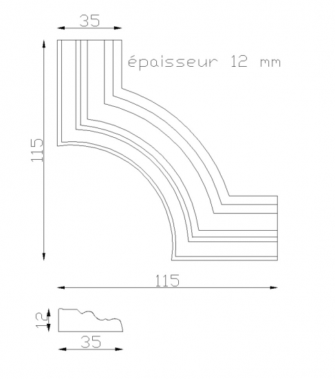 Décor moulé d'angle en fonte pour ornementer la tôle de portail. Hauteur 115mm Profilé de 35mm avec une épaisseur 12mm Il apportera un certain cachet à votre portail et portillon. Fixation par soudure mais possiblité de faire un taraudage pour fixation par vis. Fourni brut, à peindre ou à vernir avec des produits adaptés. La fonte est reconnue pour sa solidité, sa durabilité et sa résistance à la corrosion.