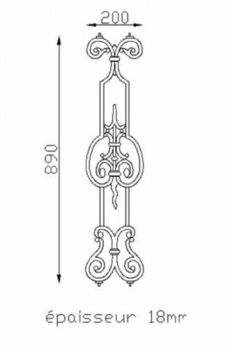 Balustre en fonte pour garde corps double face. Hauteur 890mm et Largeur 200mm, épaisseur 18mm. Ce panneau décoratif peut être présenté à l'horizontale ou à la verticale, son utilisation est multiple : balcon, terrasse, fenêtre, balustrade... Il apportera un certain cachet et du charme. Fixation par soudage sur la lisse à l'aide des tiges d'acier. Fourni brute, à peindre ou à vernir. La fonte est reconnue pour sa solidité, sa durabilité et sa résistance à la corrosion. Ce produit existe en version rampant pour escalier, réf: 04119.