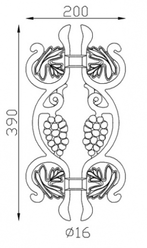 Panneau décor de barreau, grappe de raisin et feuille de vigne. Hauteur 780mm et Largeur 280mm pour barreau de Ø16mm maximum. Son utilisation est multiple: balcon, terrasse, fenêtre, balustrade... Fixation par soudure, comme une bague de barreau rond. Fourni brute, à peindre ou à vernir pour le protéger contre la corrosion. Utilisation en extérieur ou en intérieur. 