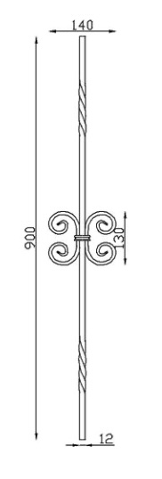 Barreau lisse avec deux torsades et motif central de 2 volutes en C, en fer forgé. Hauteur 900mm largeur 140mm carré lisse plein de 12mm, volutes en fer plat de 12x6mm. Fixation par soudure. Fourni brut, à peindre ou à vernir pour protéger de la corrosion. Au delà de son rôle sécuritaire, il peut être un élément décoratif dans plusieurs réalisations en fer forgé tel que du mobiliers, divers objets décoratifs, des grilles de défense, des rampes d'escaliers, des portails, des kiosques, des gardes corps.