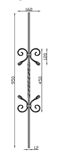 Barreau lisse avec torsade centrale et deux motifs de 2 demi volutes, en fer forgé. Hauteur 950mm largeur 160mm carré lisse plein de 12mm, volutes en fer plat de 12x6mm. Fixation par soudure. Fourni brut, à peindre ou à vernir pour protéger de la corrosion. Au delà de son rôle sécuritaire, il peut être un élément décoratif dans plusieurs réalisations en fer forgé tel que du mobiliers, divers objets décoratifs, des grilles de défense, des rampes d'escaliers, des portails, des kiosques, des gardes corps.